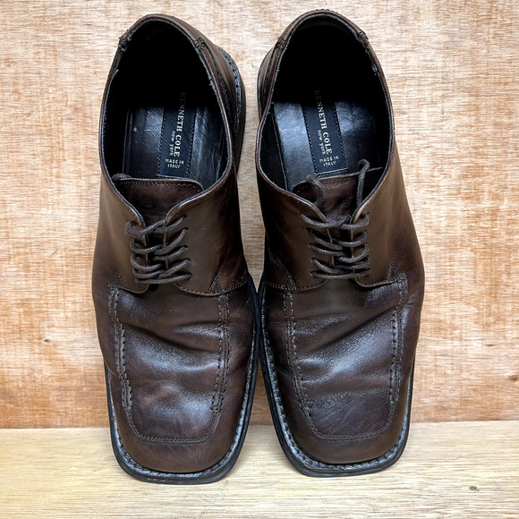 KENNETH COLE Made in Italy New York Brown Leather Square Toe Men Shoes Size 9.5 - Picture 5 of 11